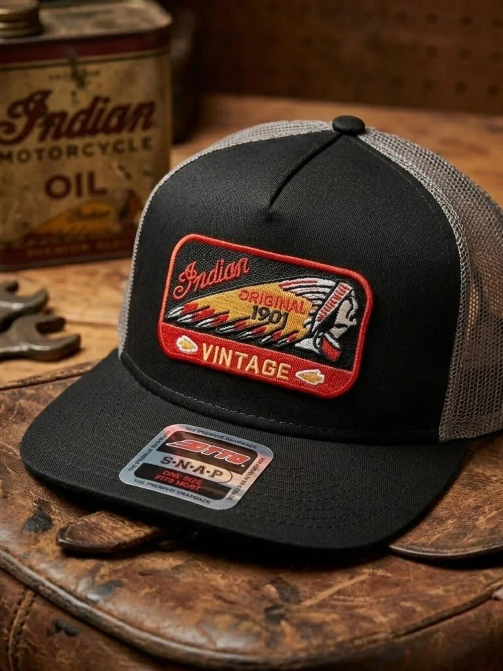 Retro Indian Motorcycle Trucker Hat Vintage Biker Patch OTTO Snapback Cap 80s
